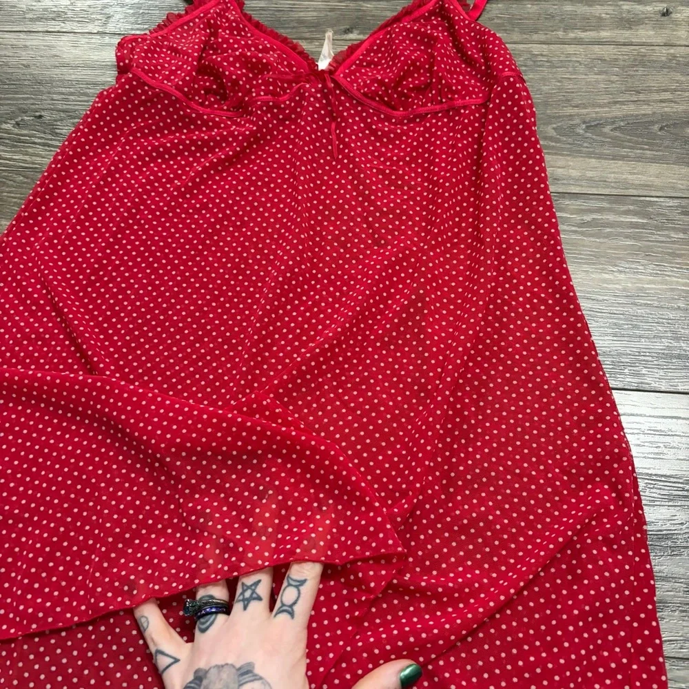 80s/90s European Vintage Polka Dot Mini Slip Dress Lace & Bows (Red/White)Size M